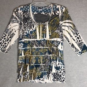 REINA Animal Paisley Abstract Print Ruffled Tunic w/Scoop Neck and 3/4 Sleeves